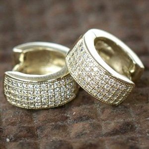 New 14k Gold Plated Silver Sim. Diamond Wide Hoop Studs